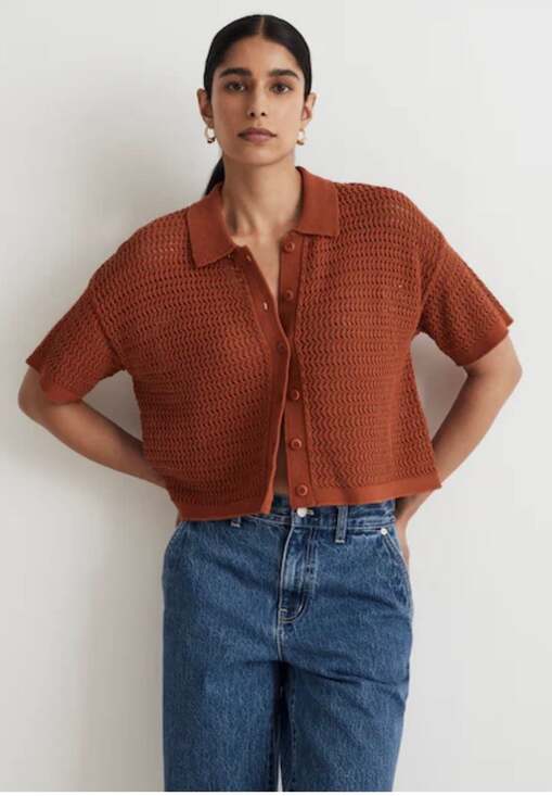 Madewell Tops - Madewell Afterglow Red Crochet Button Up Crop Top XXS Short Sleeve Collared